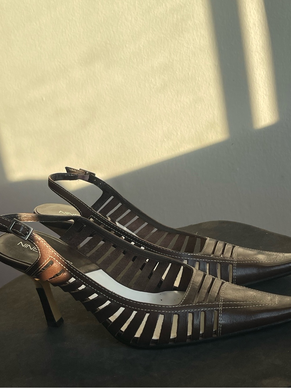 Nine West Dark Brown Leather Cutout Slingback Heels
